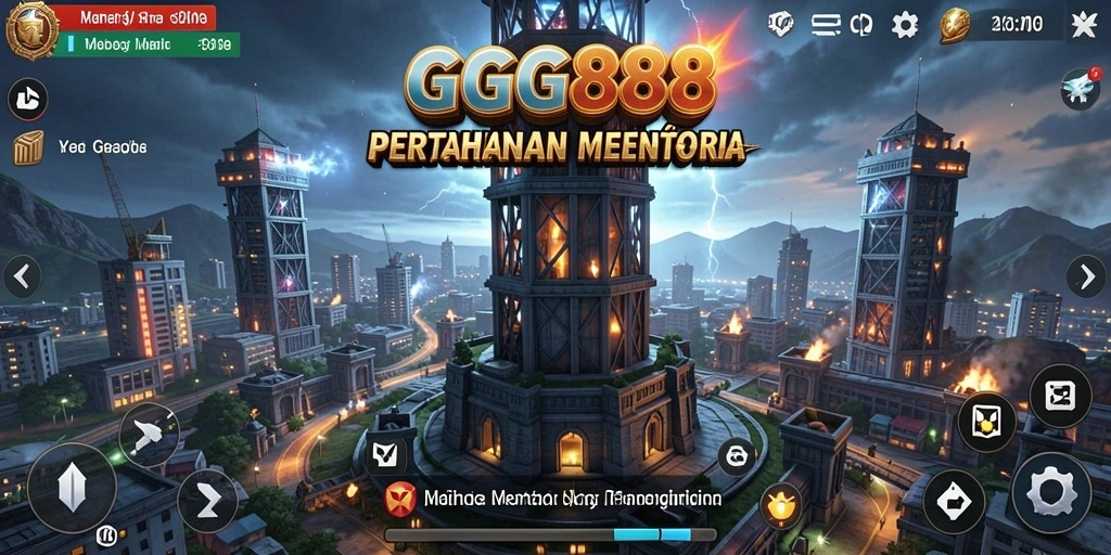 Screenshot gameplay GGG888 menampilkan aksi Tower Defense yang intens.