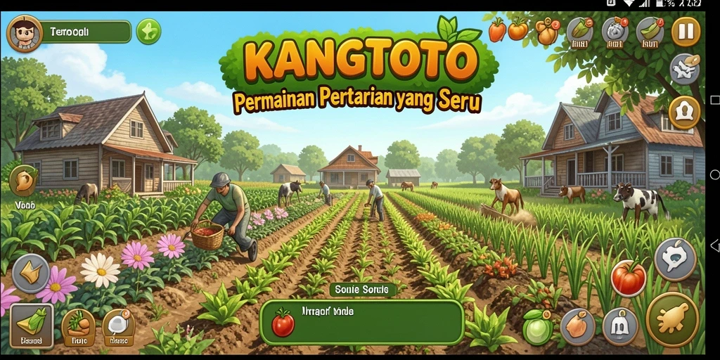 Screenshot gameplay KANGTOTO menampilkan ladang yang subur dengan tanaman yang tumbuh.