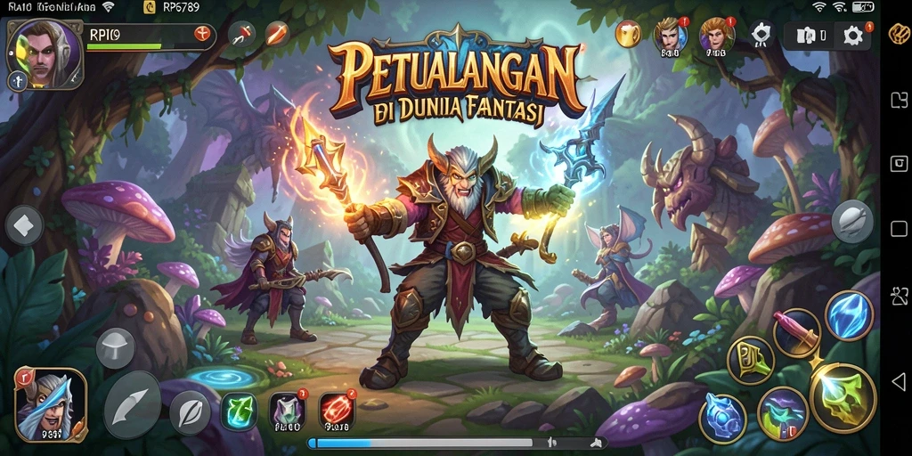 Tangkapan layar gameplay RP6789 menampilkan pertarungan epik dan eksplorasi dunia fantasi.